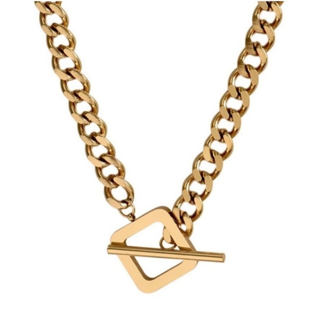 🆕 18 Karat Gold Plated Clavicle Toggle Necklace Over Titanium Steel - Picture 2 of 4